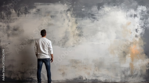 A view from the back of a man standing in front of a wall for drawing.