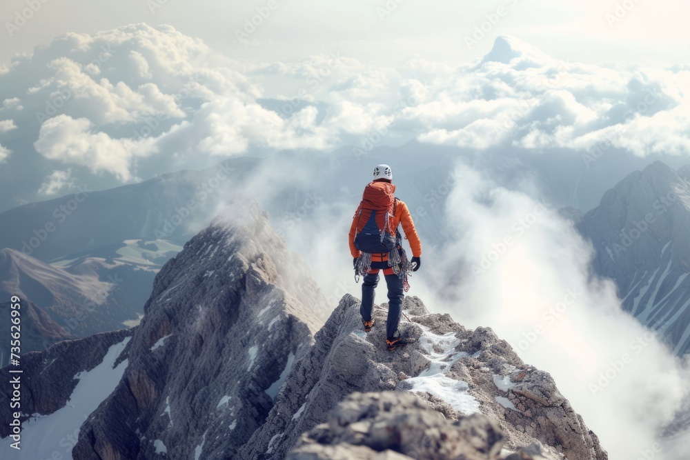 A brave climber conquers a challenging peak, demonstrating courage and engaging in extreme sports. Surrounded by mountains, Reach the top overcoming risks in this adventurous activity