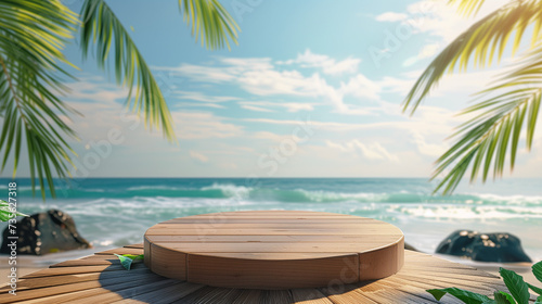 Summer product display on wooden podium at sea tropical beach.  © wudu_8