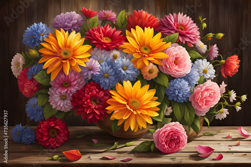 Bouquet of Flowers on Wooden Background