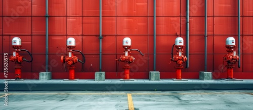 A row of colorful fire hydrants in an urban setting on a sunny day, ready for emergency use