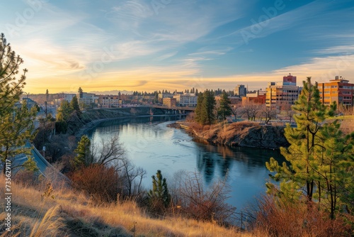 Scenic vista of urban Spokane  Washington with its downtown and Riverfront Park