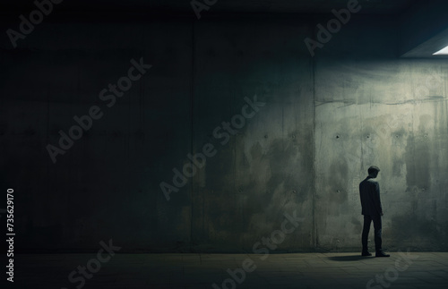 Depressed person alone man standing in front of a dark wall building, while it rains. Concept of loneliness, mental health, depression. AI generated photo