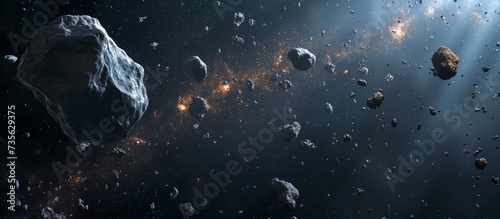 A dramatic scene of a cluster of asteroids soaring through the eerie, starless expanse of deep space