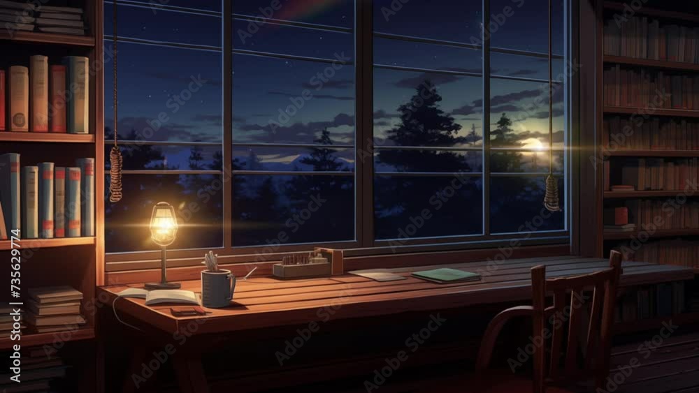 Animated illustration of a study table with educational ornaments and books at night. Digital painting or cartoon anime style, animated background. 4k loop background.