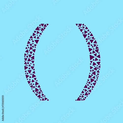 Mosaic-style parentheses made of small purple triangles on blue background