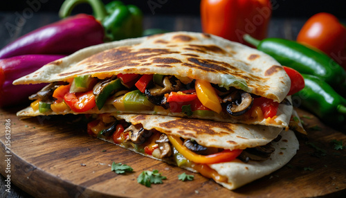 A close up shot of a sizzling vegetable quesadilla on a rustic wooden board, with vibrant colors of assorted bell peppers, mushrooms, and onions peeking through the melted cheese