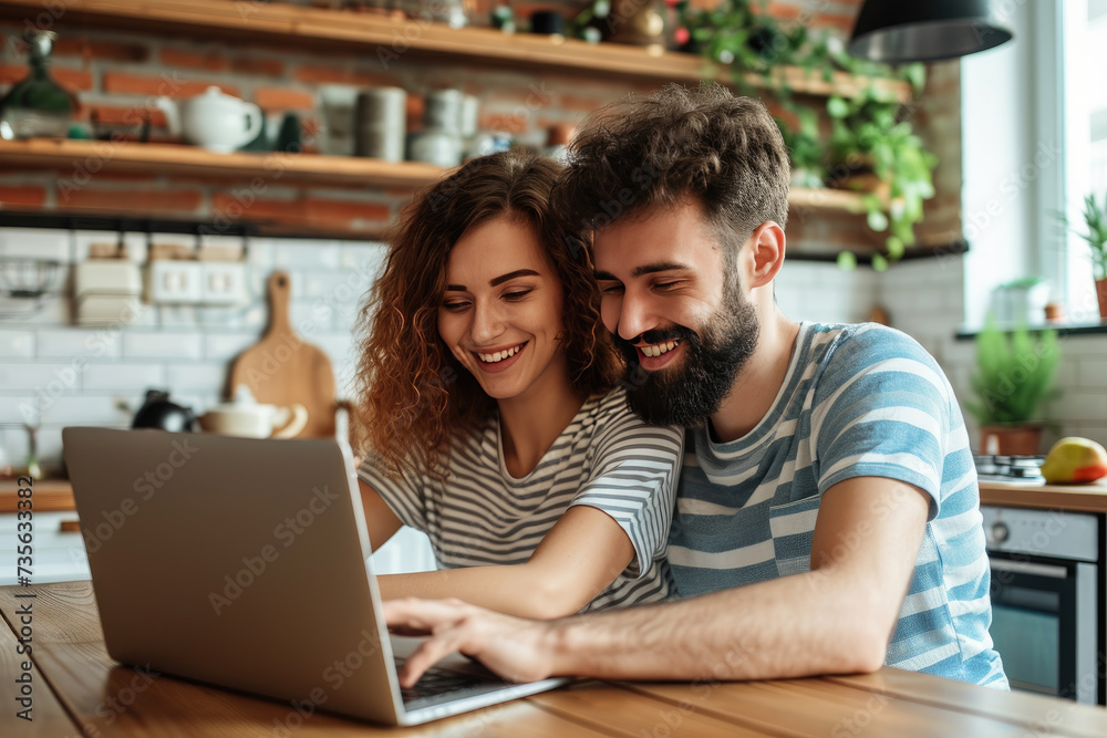 closeup A charming young couple happily using a laptop together in the comfort of their home. closeup A charming young couple happily using a laptop together in the comfort of their home.