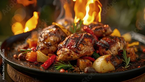 A mouthwatering display of charred and succulent open hearth grilled chicken served with a medley of roasted vegetables that have been perfectly seasoned and cooked to perfection. photo