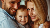 closeup caucasian family with one child, happy family together, parents with little son
