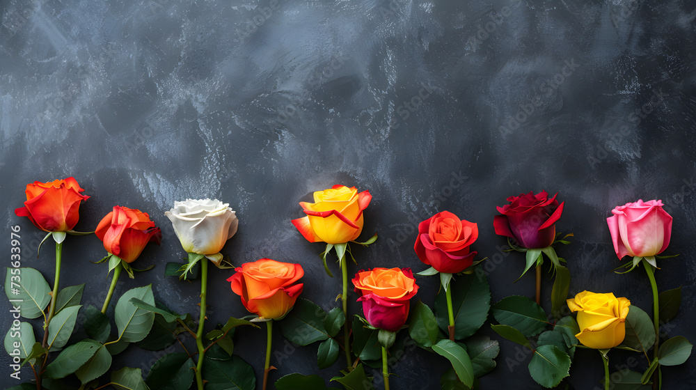 different color roses on black background, web banner. Mourning moody