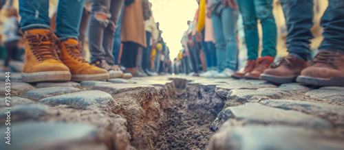 Ground level view showing two groups of people divided by a crack gap on the road - A metaphor for the modern political, social division and polarization  photo