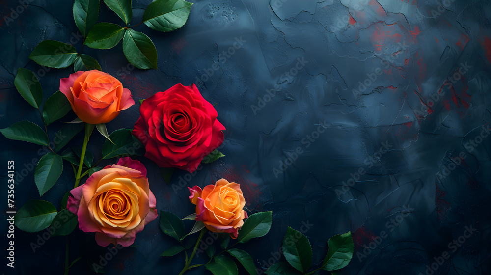 different color roses on black background, web banner. Mourning moody flowers card. Funeral symbol of grief. Mood and Condolence card concept, Generative Ai