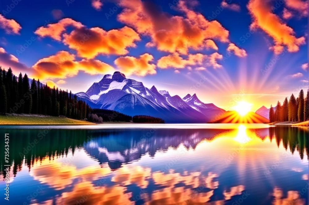 Colorful summer evening on Bachalpsee lake with Schreck horn and Wetterhorn peaks on background, beautiful lake generative by AI technology. Colorful summer evening on Bachalpsee lake with Schreck horn and Wetterhorn peaks on background, beautiful lake generative by AI technology.