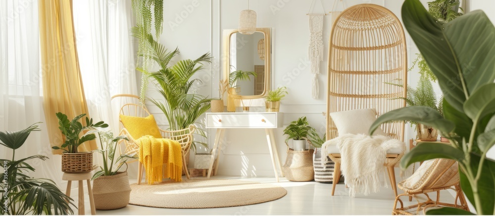 Luxe Modern Room Interior with Chair, Mirror, and Plant, Home Decor and Design Concept