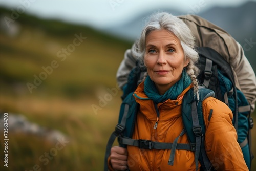 Explore the beauty of nature as an active senior woman enjoys a hiking trip, adorned with a backpack, amidst picturesque landscapes. © Rathnayakamudalige