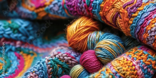 Knitting of yarn in a close-up view, displaying a colorful and patterned background, where each stitch merges into a captivating tapestry of hues and textures photo