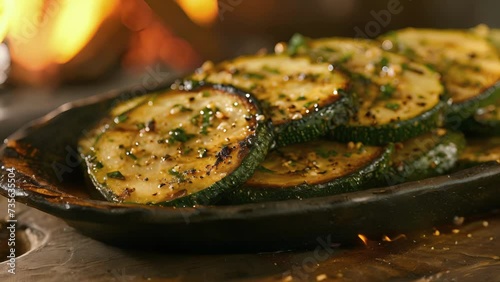 Experience a burst of flavor with each bite of these firekissed zucchini slices served with a side of warmth from the blazing fireplace. photo