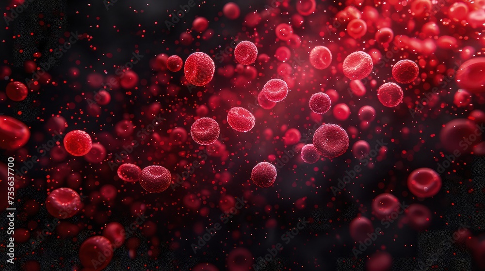Microscopic Elegance: Vibrant Red Blood Cells Drifting in Darknes
