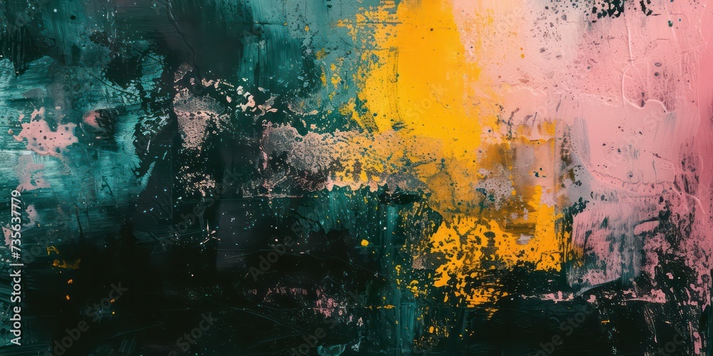 Obraz premium Richly textured layers of paint in yellow pink and green merging.