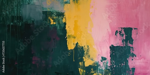 Richly textured layers of paint in yellow pink and green merging.