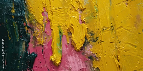 Richly textured layers of paint in yellow pink and green merging.
