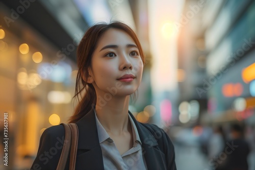 Modern Asian businesswoman exuding happiness and determination as she walks through the bustling cityscape, a symbol of ambition and success.