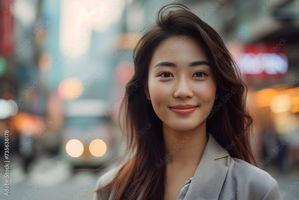 Energetic young Asian businesswoman joyfully navigating the city streets, embodying success and dynamism in urban life. Energetic young Asian businesswoman joyfully navigating the city streets, embodying success and dynamism in urban life.