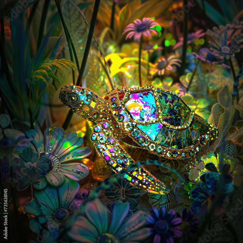 Emerald Glass Turtle Brooch Amidst Neon Flora © MAWLOUD