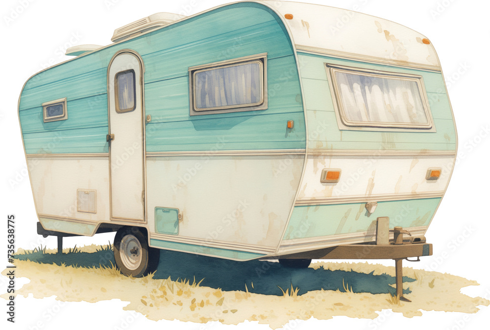 Watercolor vintage camping trailer isolated. illustration