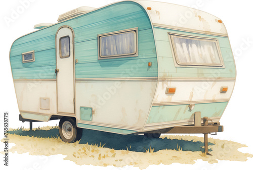 Watercolor vintage camping trailer isolated. illustration