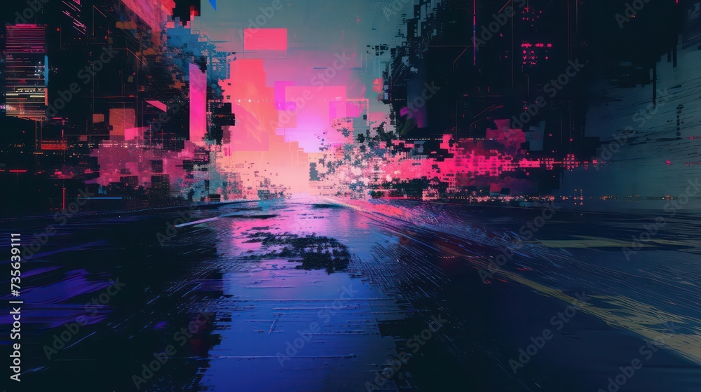 An abstract digital radio wave emerges, characterized by pixelated noise and glitch effects, creating a visually striking display An abstract digital radio wave emerges, characterized by pixelated noise and glitch effects, creating a visually striking display