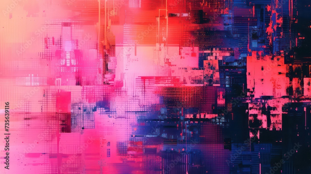 Fototapeta premium An abstract digital radio wave emerges, characterized by pixelated noise and glitch effects, creating a visually striking display