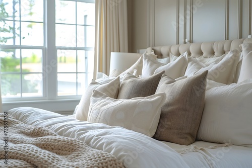 Country charm meets modern elegance in this bedroom with white and cream pillows on the bed, a serene retreat.