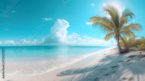 Captivating banner of a coastal paradise  white sandy beach  crystal-clear waters  and expansive blue skies  perfect for your text.