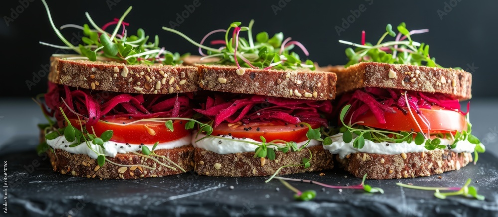 Delicious sandwich with a variety of fresh, flavorful, and savory toppings for a satisfying meal Delicious sandwich with a variety of fresh, flavorful, and savory toppings for a satisfying meal