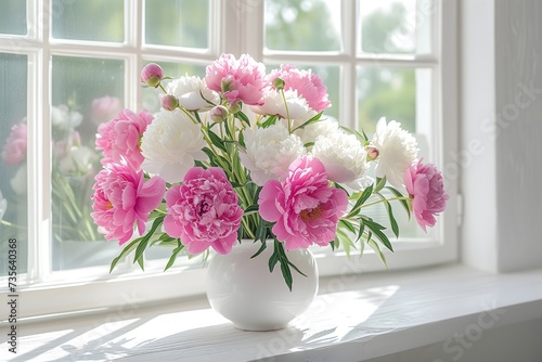 Elegant pink and white peonies in vase, bathed in sunlight on windowsill. Perfect for product displays.