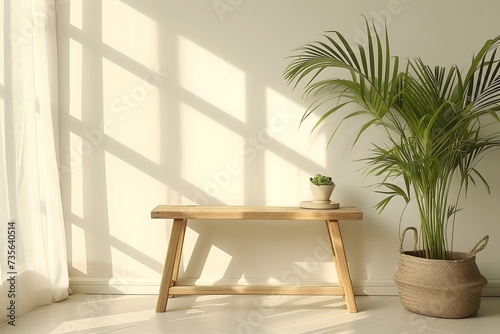 Capture the essence of Scandinavian design with this minimalistic home interior featuring light white tones accentuated by a vibrant green plant.