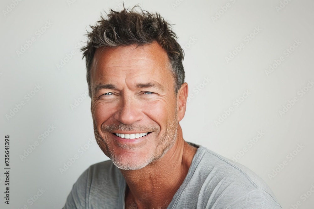 Close-up photo portrait of a handsome mature man smiling with clean teeth Perfect for a dental advertisement Showcasing fresh Stylish hair and a strong jawline against a white background - obrazy, fototapety, plakaty 