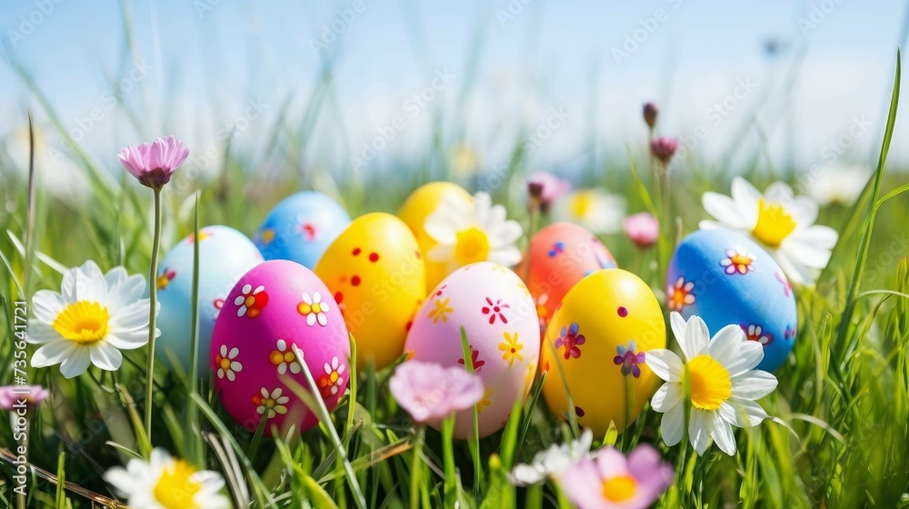 Beautiful view of colorful Easter eggs lying in the grass between daisies and dandelions in the sunshine stock photo