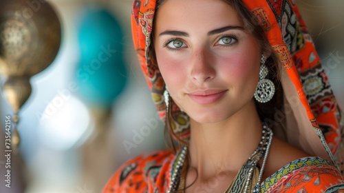 A woman in traditional dress with colorful jewelry and headdress, AI