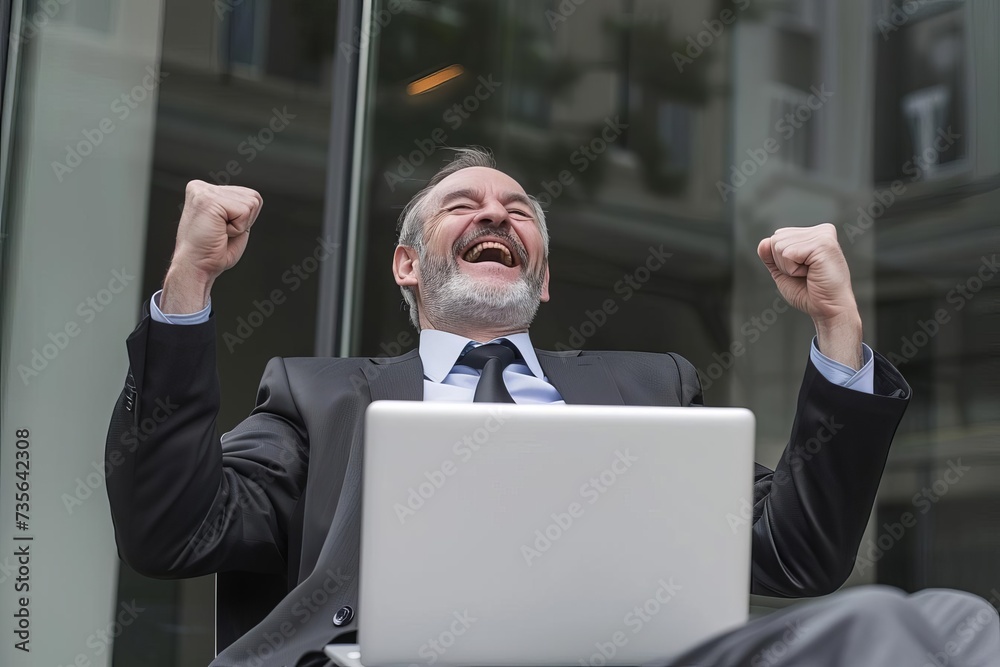 Happy and accomplished mature business man Engaging with his laptop in ...