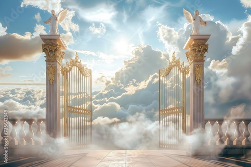 Heavenly reception area illustrated at the pearly gates Welcoming with open arms