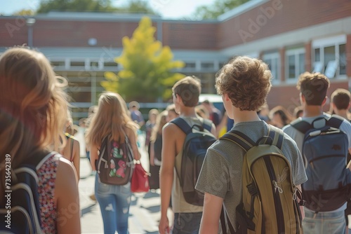 High school students congregating in the schoolyard Embodying the lively and social atmosphere of going back to school and reconnecting with friends and classmates