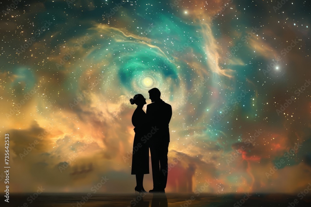 Man and woman silhouettes against a cosmic backdrop Visualizing soulful connections and spiritual themes