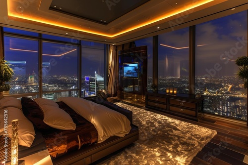 Luxurious penthouse bedroom at night Panoramic city view Dark and sophisticated Elegant ambiance