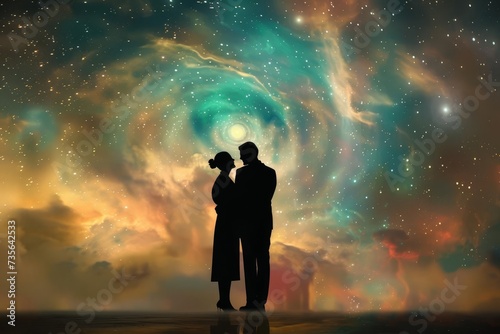 Man and woman silhouettes against a cosmic backdrop Visualizing soulful connections and spiritual themes