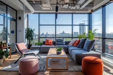 Office designed for virtual meetings With a modern aesthetic and windows offering a panoramic view
