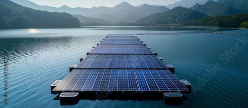 Serene lake with a floating row of solar panels harnessing renewable energy photo