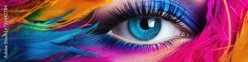 A woman's eye with colorful feathers and a bright blue eye. Generative AI.